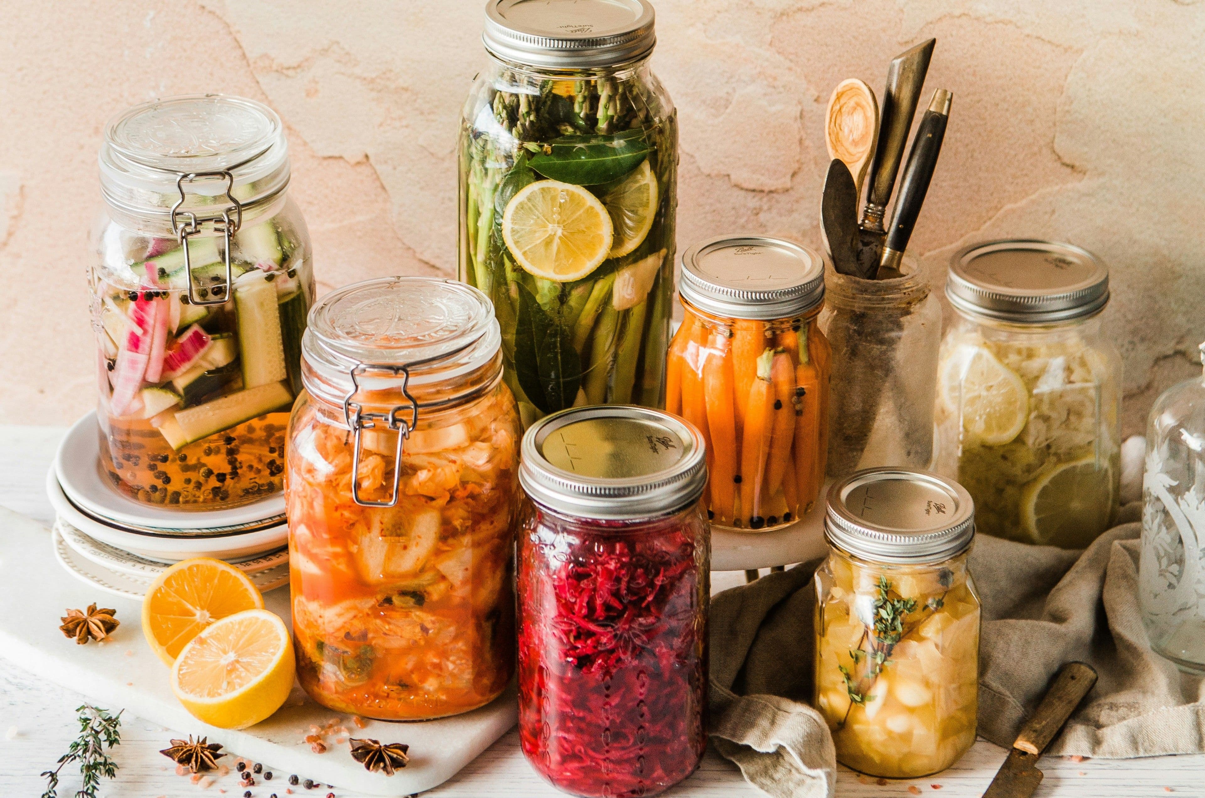 Fermented foods in jars on a table